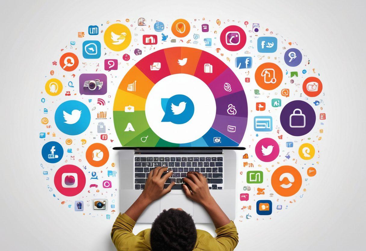 A visually striking collage featuring a digital portal with vibrant colors, representing the vastness of the blogosphere. Include elements like a glowing keyboard, icons of various social media platforms, and a silhouette of a person writing, symbolizing creativity and empowerment. Make it dynamic with floating text snippets and illustrated tasks for mastering blogging techniques. super-realistic. vibrant colors. white background.