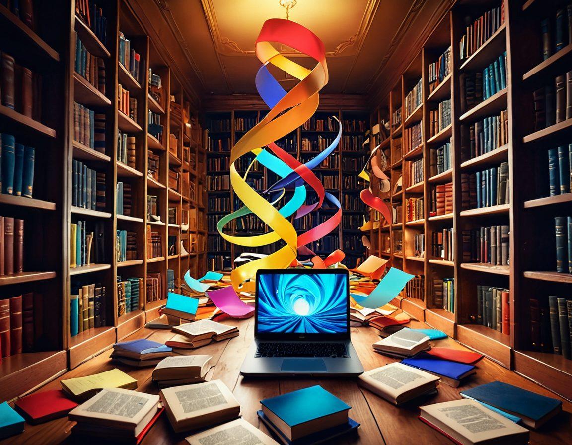 A surreal library filled with colorful, open books swirling around in a digital environment, representing the concept of navigating the blogosphere. Include laptops and tablets with vibrant blog layouts on their screens, while abstract pathways of content flow between the books. The atmosphere should inspire creativity and knowledge, with a touch of whimsy. vivid colors. digital art. vibrant background.