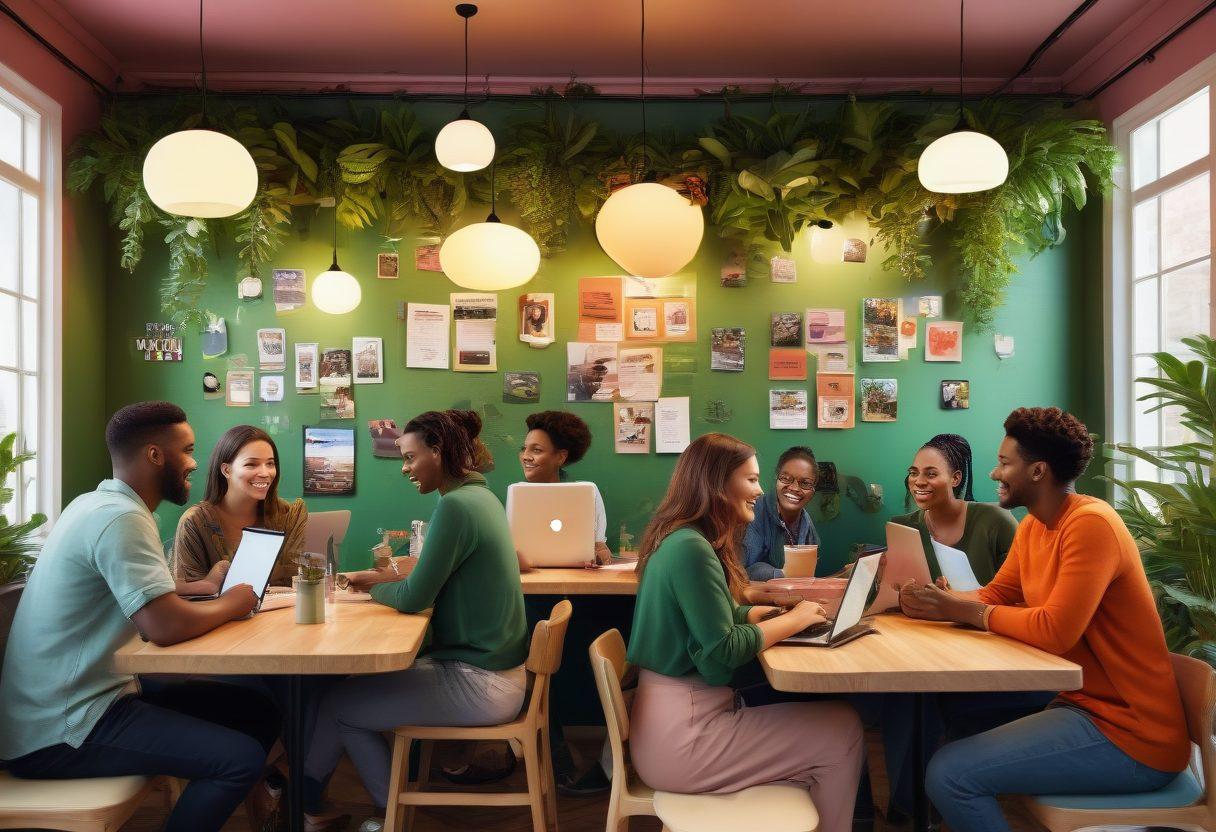 A vibrant digital collage showcasing diverse people engaging in conversation, sharing articles on laptops and tablets, surrounded by colorful speech bubbles filled with ideas and information. The setting is a cozy cafe with plants and art on the walls, emphasizing community and collaboration. Warm lighting adds to the inviting atmosphere. super-realistic. vibrant colors. 3D.